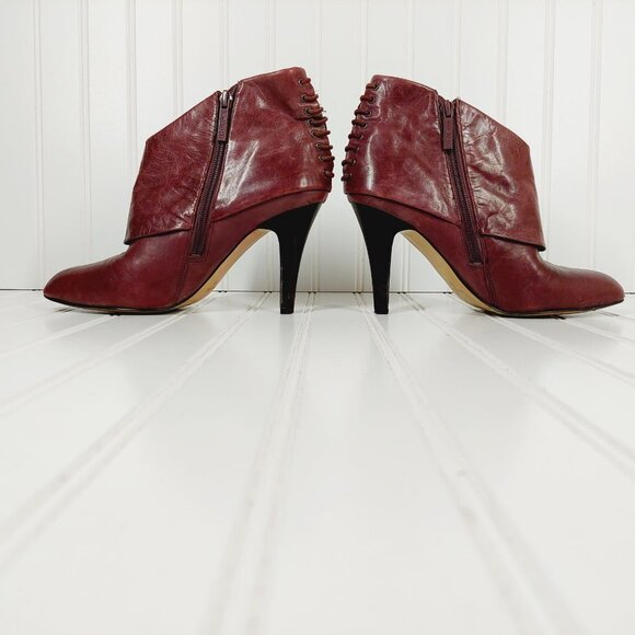 Nine West Burgundy Brown Leather Side Zip Fold Over Lace Back Heel Boots I140 - Picture 7 of 11
